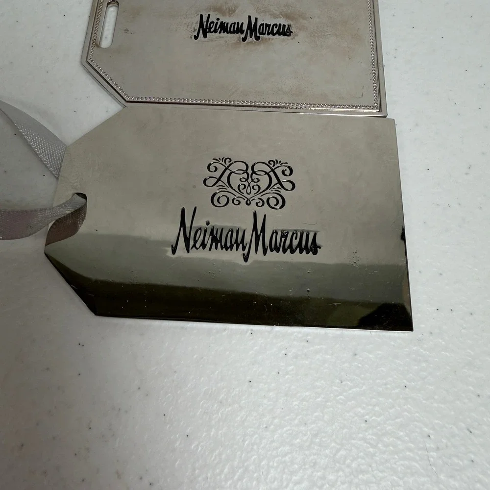Neiman Marcus OS Metal Gift Tags Silver Heart of Giving Holiday Ornaments Set 2